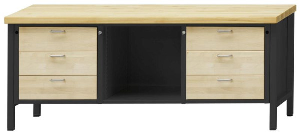 ANKE kastwerkbank; 2000x700mm; Beuk massieve plaat; 3 laden links; Middenvak open; Rechts 3 laden 180 mm