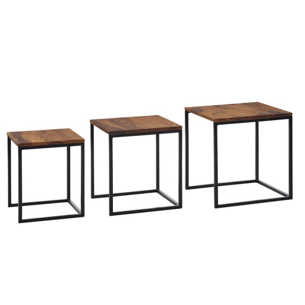 Wohnling set van 3 sheesham massief hout/metaal bijzettafels vierkant modern design salontafel 3-delige woonkamertafel ruimtebesparend WL6.520