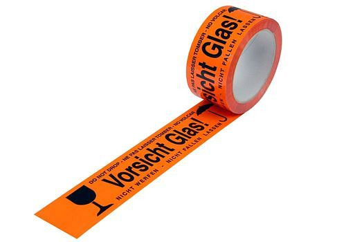 DENIOS waarschuwingstape, PP, opdruk Caution Glass, in waarschuwingsoranje, 50 mm breed x 66 m, verpakking: 12 rollen, 299574