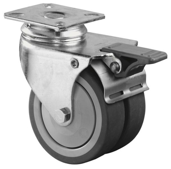 BS rollenapparaat dubbele rol met rem, breedte 2x24 mm, Ø75 mm, tot 80 kg, grijs rubberen loopvlak, kogellager, VE = 4 stuks, B120.A85.075
