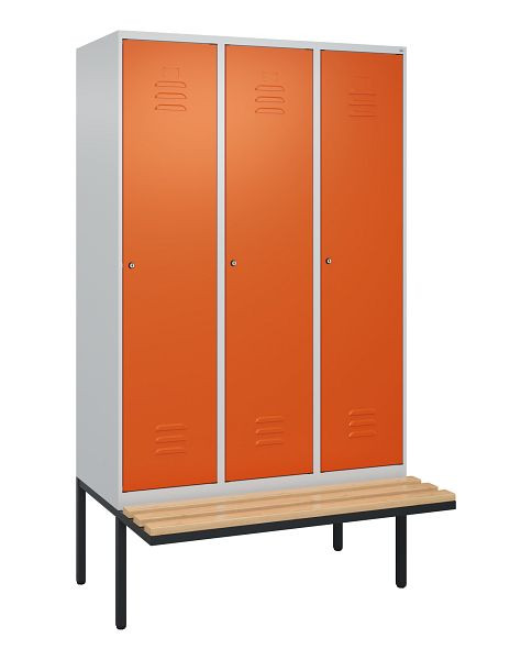C+P Umkleidespind Classic PLUS, 3 Abteile, 2120x1200x815mm, 7035/2004, Zylinderschlösser, Buche-Sitzleisten, 0800407-32 S10120