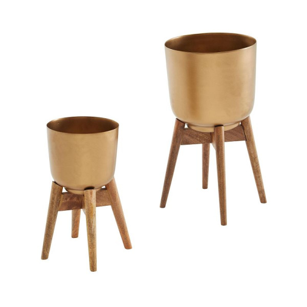 Wohnling bloempot set van 2 metalen / massief houten plantenpotten goud met poten, design plantenpot rond, bloempot plantenbak, WL6.631