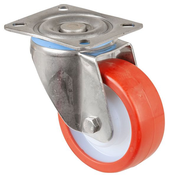 BS rollen RVS zwaarlastwiel zwenkwiel, RVS, wiel rood polyurethaan, glijlager, schroefplaat, diameter 100 mm, HS100.B27.100