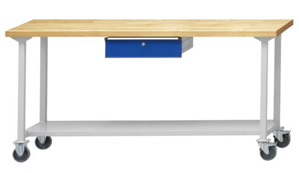 ANKE werktafel; mobiel; 2000x800 mm; RAL 7035/5010; 1xHängeschublade; 1x legbord van plaatstaal, 600 mm diep