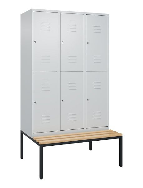 C+P dubbeldekkerkast Classic PLUS, 3 vakken, 2120x1200x815mm, 7035/7035, cilindersloten, beukenhouten zitlat, bank, 0803507-32 S10099