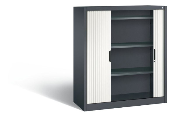 C+P dressoir met rolluik Omnispace, H1345xB1200xD420mm, kleur: zwartgrijs/verkeerswit, verzonken greep, 3 niveaus, 3223-00 S10132