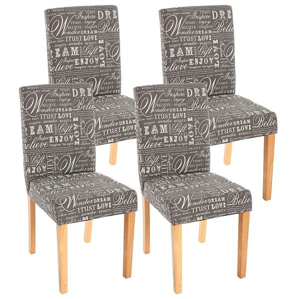 Mendler set van 4 eetkamerstoelen, keukenstoelen, Littau, textiel met opschrift, grijs, lichte poten, 33703