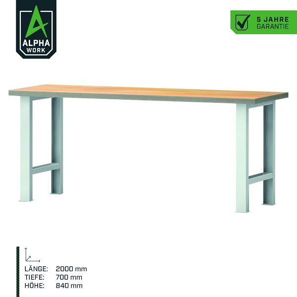 Alpha Work basiswerkbank, 2000 x 840 x 700 mm, lichtgrijs, beuken multiplex blad, 07271