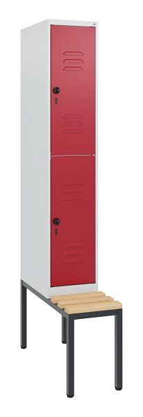 C+P Doppelstöckiger Spind Classic PLUS, Bank, 1950x300x815mm, 7035/3003, Drehriegel, Sitzleisten aus Buche, mit untergebauter Sitzbank, 0803505-10 S10001