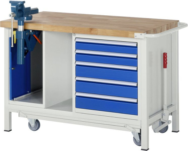 RAU neerlaatbare werkbank 8000 - model 8187, B1250 x D700 x H880 mm, met bankschroefkast, plank onder, 15-8187A6-127B4F.11