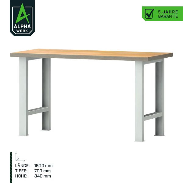 Alpha Work Basic rijwerkbank, 1500 x 840 x 700 mm, lichtgrijs, beuken multiplex blad, 07272