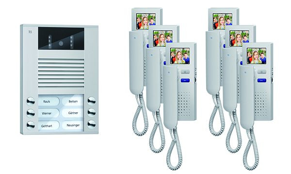 TCS deurbediening video: pack AP voor 6 wooneenheden, met voordeurstation AVE 6 belknoppen, 6x videodeurtelefoon IVH3222, bediening, PVE1560-0010