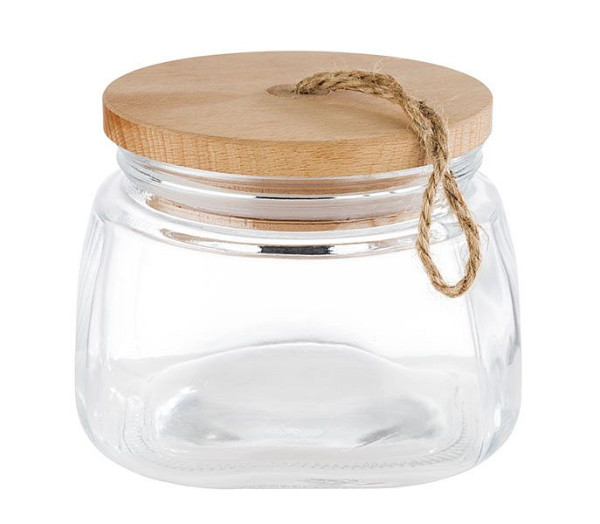APS voorraadpot -WOODY-, 14 x 14 cm, hoogte: 11 cm, glas, grenenhout, siliconen, 1 liter, inclusief houten deksel, 82255