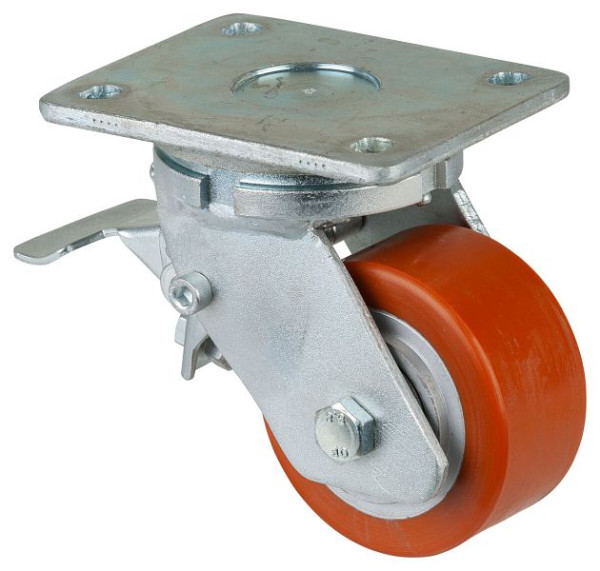 BS-wielen Zwaarlastwiel met wiel/slot, breedte 50 mm, Ø100 mm, tot 400 kg, polyurethaan gegoten 95 Shore A, gegoten lichaam, kogellagers, RR120.C10.101
