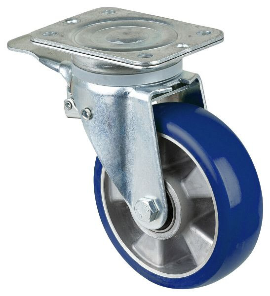 BS rollen zwaarlastwiel zwenkwiel met rem, polyurethaan wiel 83 Shore, aluminium velg, kogellager, plaat, diameter: 160 mm, N120.B92.160