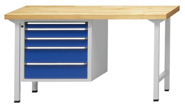 ANKE combinatie werkbank; 1500x700 mm; RAL 7035/5010; Linker onderkast 660x615x600 mm, 5 laden 60, 90, 90, 150, 150 mm