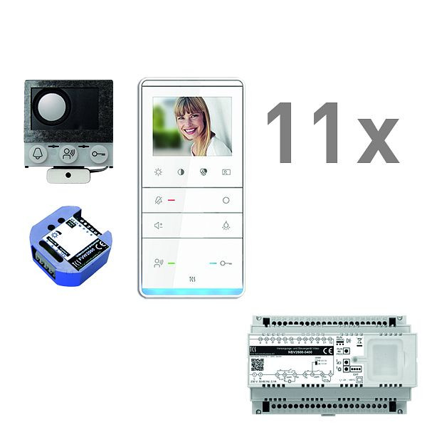 TCS video inbouw mailbox, 11 woonunits, ingebouwde luidspreker ASI12000 + 11x handsfree speaker IVW5111, besturingsapparaat + video tweedraads zender, PVIF110/001