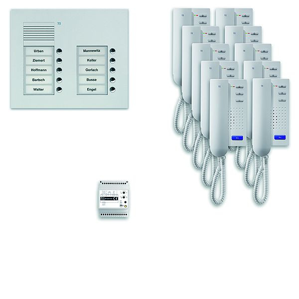 TCS deurbedieningssysteem audio: pak UP voor 10 wooneenheden, met buitenpost PUK 10 belknoppen 2-koloms, 10x deurtelefoon ISH3030, bediening, PPU10 / 2-EN / 02