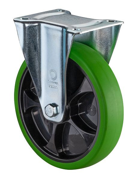 BS rollen transportrol vaste rol, thermoplastisch rubber wiel, groene band, zwarte velg, rollager, plaat, diameter: 200 mm, L410.B44.201.04