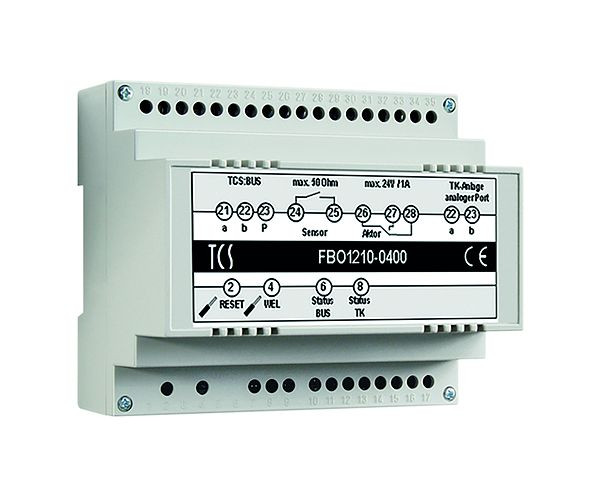 TCS-interface voor aansluiting op telecommunicatiesystemen via analoge poort, tot 64 oproepbestemmingen (5-cijferig telefoonnummer), DIN-rail 6 HP, versie 2020, FBO1210-0400