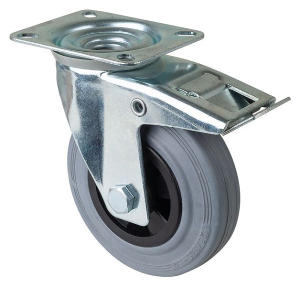 BS rollen transportrol met rem, breedte 37,5 mm, Ø125 mm, tot 100 kg, grijs rubber, rollager, plaat, VE = 2 stuks, L420.B46.125