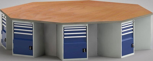 KLW PROFI werkbank in achthoekige vorm (ERGO-versie) met beuken multiplex blad in achthoekige vorm 3259 x 3259 x 45 mm L x B x S, 3-delig, WP670E-1350M45-E8001