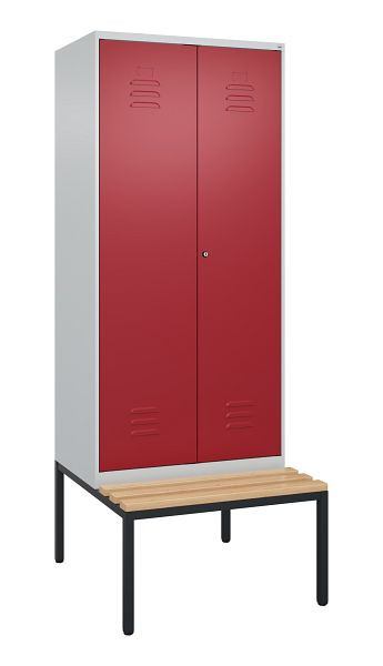 C+P Umkleidespind Classic PLUS SW, 2 Abteile, 2120x800x815mm, 7035/3003, Zylinderschloss, mit untergebauter Sitzbank, Buche-Sitzleisten, 0800527-22 S10046