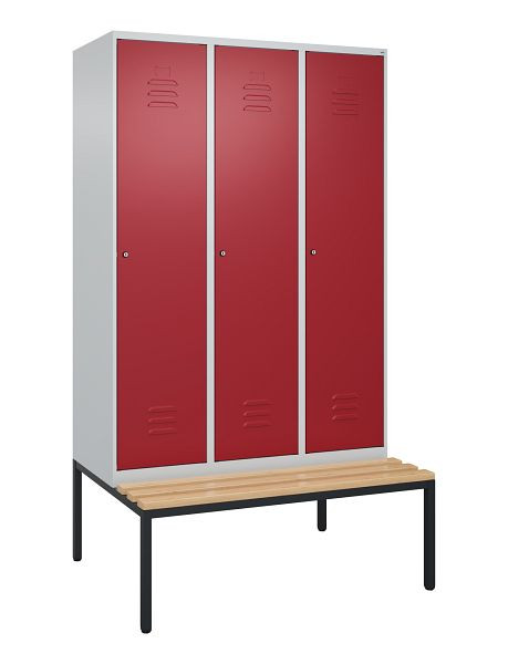 C+P luierkastje Classic PLUS met middenwand, bank, 3 vakken, 2120x1200x815mm, 7035/3003, cilindersloten, beuken zitlat, 0800507-32F S10046