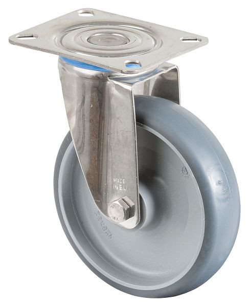 BS rollen RVS transportrol, breedte 35 mm, Ø125 mm, tot 100 kg, grijze thermoplastische banden, kunststof wiellichaam, glijlager, plaat, H100.B43.125