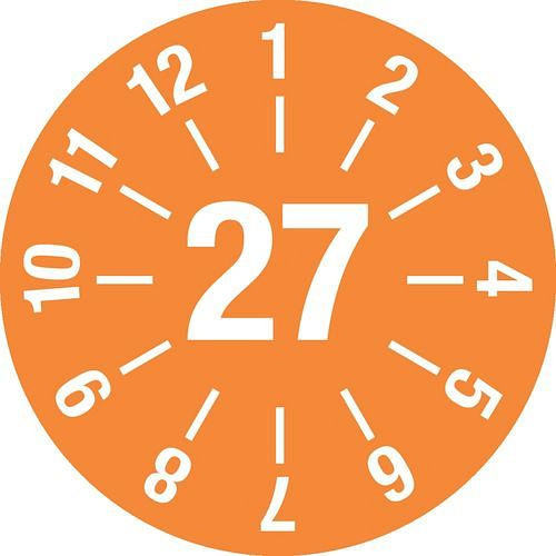 DENIOS teststicker "27", met lijnen, oranje, folie, zelfklevend, 30 mm, verpakking: 5 vellen à 15 stuks, 290084