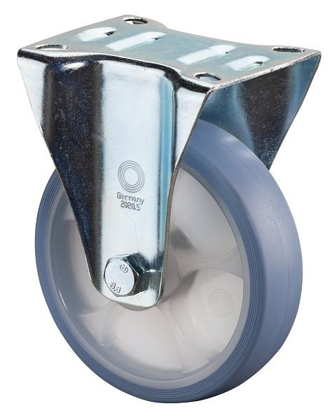 BS rollen transportrol vaste rol, thermoplastisch rubber wiel, lichtblauwe band, rollager, plaat, diameter: 125 mm, verpakking: 2 stuks, L410.B44.126.05
