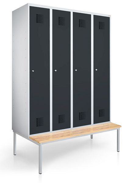 KEMMLIT lockerkast met 4 vakken 30cm met bank, antracietgrijs 7016, cilinderslot, 100124