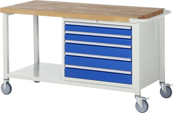 RAU verrijdbare werkbank 8000 - model 8271, B1500 x D700 x H880-1080 mm, onderbouwbak rechts, 5x laden: 2xH90, 3xH120 mm, 05-8271A6-157B4H.11