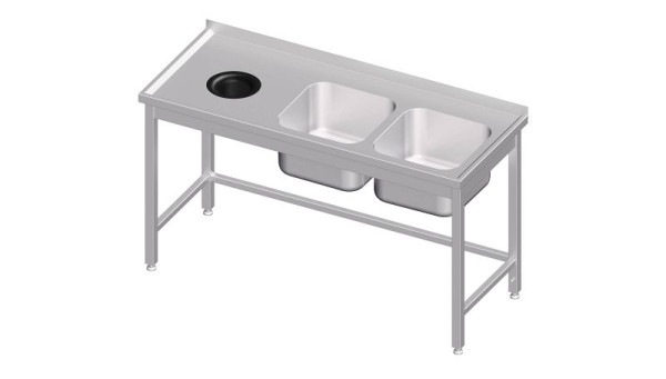 Stalgast Spültisch ohne Grundboden, mit Abfallloch, 1500x600x850 mm, mit zwei Becken rechts, mit Aufkantung, verschweißt, VST15608RA