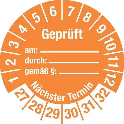 DENIOS teststicker "Getest op/next date", 27 - 32, oranje, folie, SK, 30 mm, verpakking: 5 vellen à 15 stuks, 290150