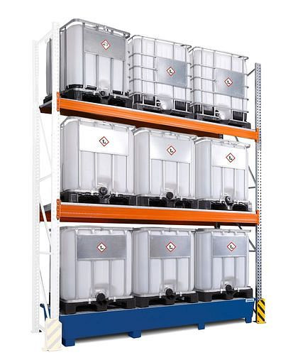 DENIOS palletstelling voor gevaarlijke stoffen, aanbouwgedeelte, 3 opslagniveaus, gelakte opvangbak, 3400 x 1300 x 4400 mm, 305419