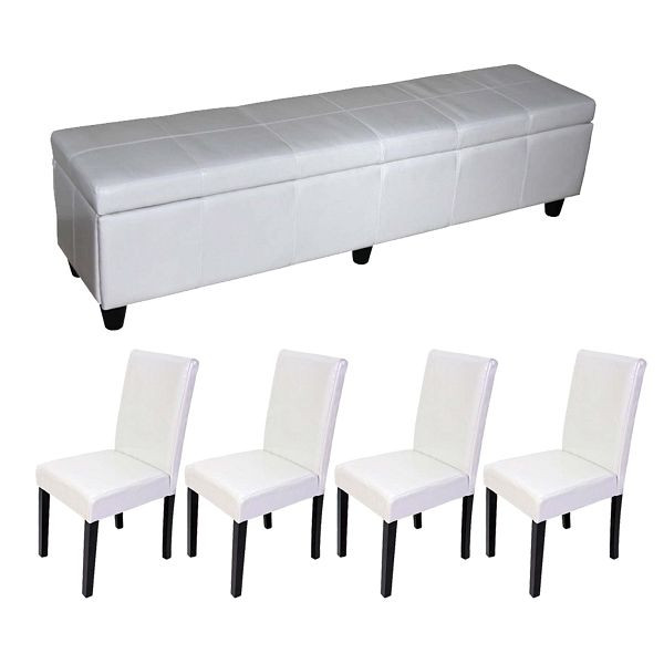 Mendler bankenset met opbergruimte Kriens XXL + 4 stoelen Littau, leer, wit, 2x17416 + 17424