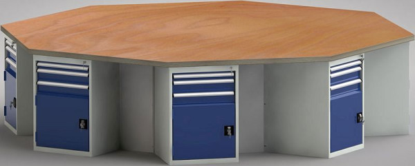 KLW standaard werkbank in achthoekige vorm met beuken multiplex blad in achthoekige vorm 3259 x 3259 x 40 mm L x B x S, WS670N-1350M40-E8002