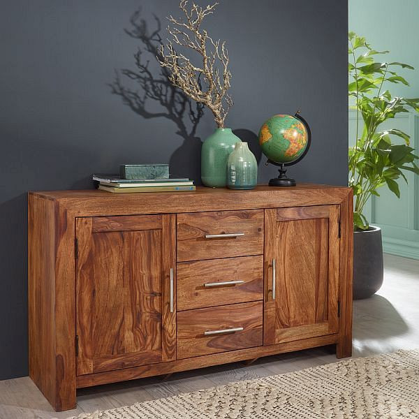 Wohnling dressoir MUMBAI massief sheeshamhout 118 cm, 3 laden 2 deuren design dressoir landelijke stijl bruin naturel, WL1.201