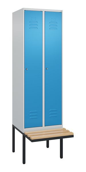C+P Umkleidespind Classic PLUS, 2 Abteile, 2120x600x815mm, 7035/5012, Zylinderschlösser, Buche-Sitzleisten, je 2 Doppel-Haken, 0800407-20F S10048