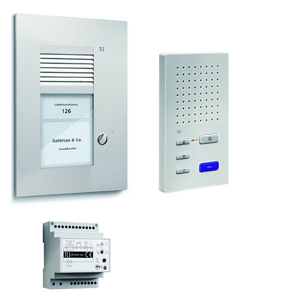 TCS deurbediening audio: pack UP voor 1 wooneenheid, met buitenpost PUK 1 belknop, 1x handsfree luidspreker ISW3130, bedieningseenheid BVS20, PSU2210-0000