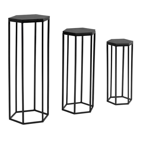 Wohnling bijzettafel set van 3 mango massief hout / metaal zeshoekige kolomtafel plantentafel 3-delige zwarte bloemenstandaard WL6.727