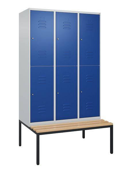 C+P dubbeldekskast Classic PLUS, 3 compartimenten, 2120x1200x815mm, 7035/5010, cilindersloten, beukenhouten zitlatten, bank, 0803507-32 S10093