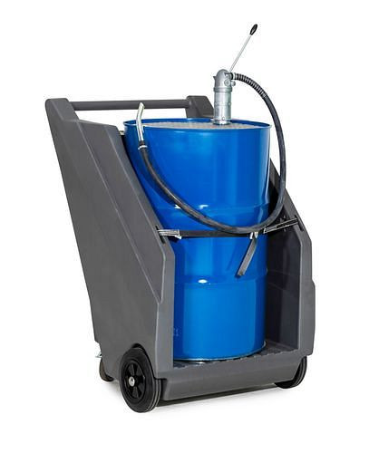 DENIOS Mobiles Pumpensystem für Mineralöle, PE- Fasswagen und Handpumpe aus Druckguss, 271343
