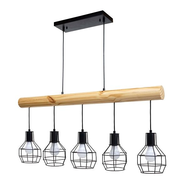 Mendler hanglamp HWC-H83, hanglamp hanglamp, industrieel vintage massief hout metaal zwart, 5 rooster lampenkappen, 74212