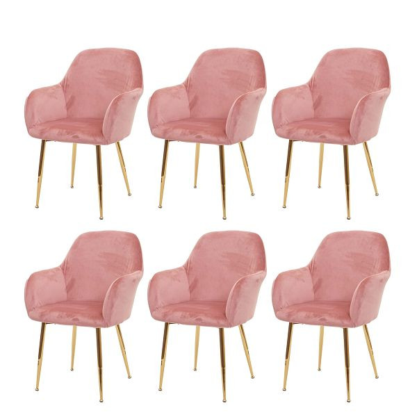 Mendler set van 6 eetkamerstoelen HWC-F18, stoel keukenstoel, retro design, fluweel oudroze, gouden poten, 3x75716