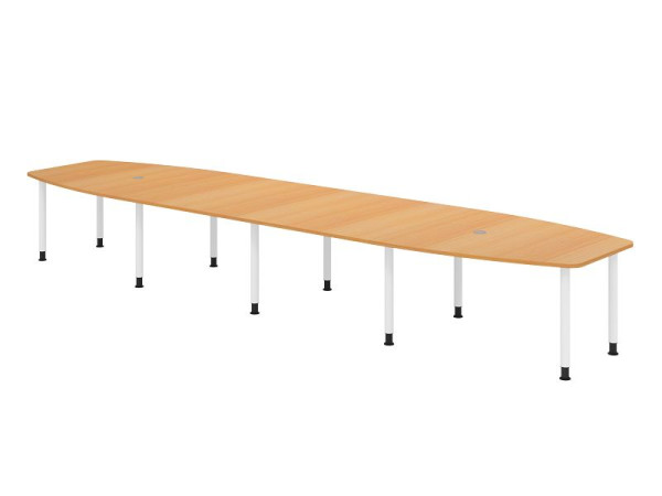 Hammerbacher vergadertafel KT52C, 520 x 130 cm, blad: beuken, 25 mm dik, driepotig frame wit, ronde buis 6 cm, werkhoogte 72-74 cm, VKT52C/6/W