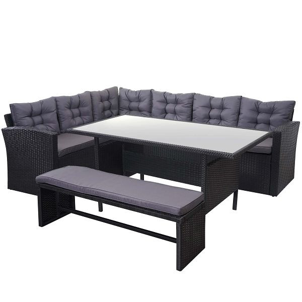 Mendler poly rattan set HWC-A29, tuinset, lounge eettafel set, zwart, donkergrijze kussens, met bank, 64390+64391