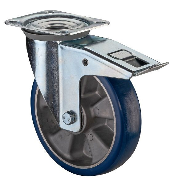BS Rollen transportwiel zwenkwiel met rem, polyurethaan wiel 83 Shore aluminium velg, kogellager, plaat, diameter: 200 mm, L420.B92.200