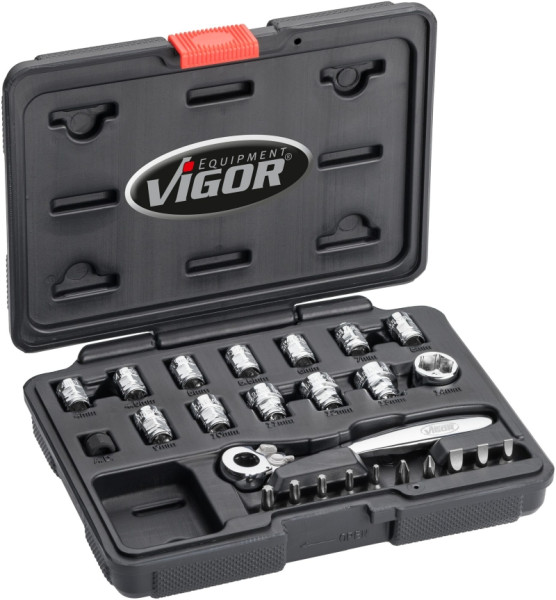 VIGOR dopsleutelset, superplat, hol vierkant 6,3 mm (1/4 inch), buitenzeskantprofiel, 4 - 14, aantal gereedschappen: 24, V5202